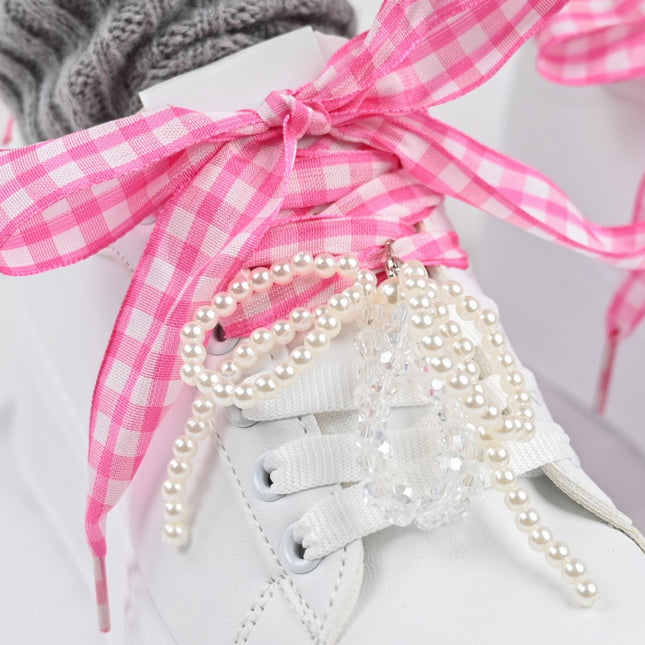 Дамски спортни обувки, изработени от екокожа, с перлена панделка, D1376, бели с розово