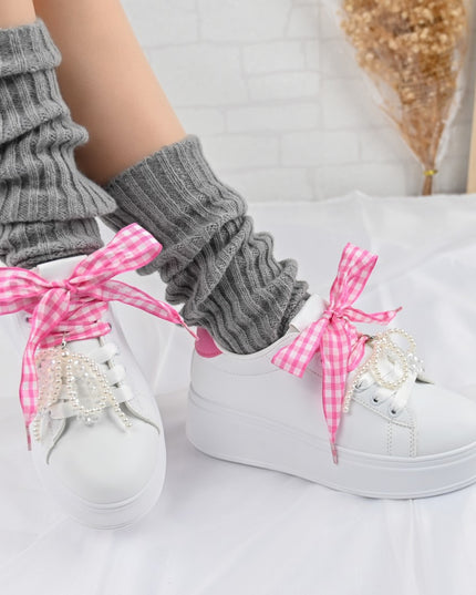 Дамски спортни обувки, изработени от екокожа, с перлена панделка, D1376, бели с розово