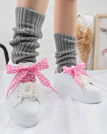 Дамски спортни обувки, изработени от екокожа, с перлена панделка, D1376, бели с розово