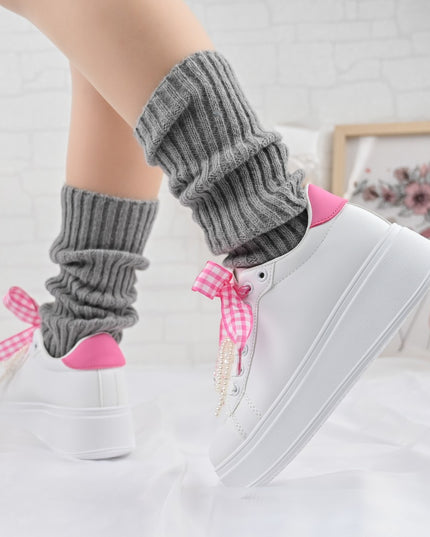 Дамски спортни обувки, изработени от екокожа, с перлена панделка, D1376, бели с розово