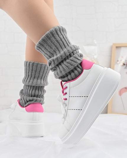 Дамски спортни обувки, изработени от екокожа, D1373, бели с розово