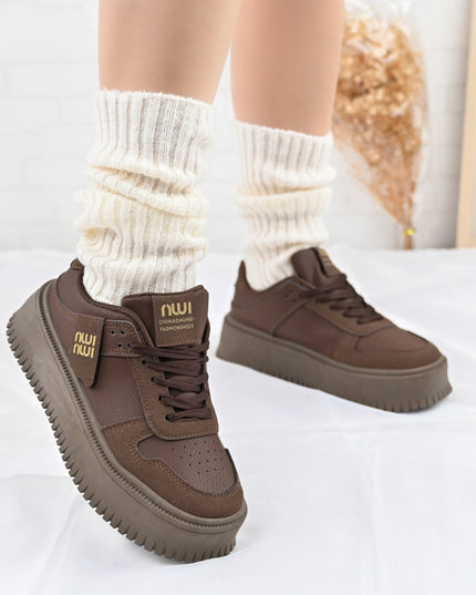 Дамски спортни обувки, изработени от екокожа, D1366, кафяви