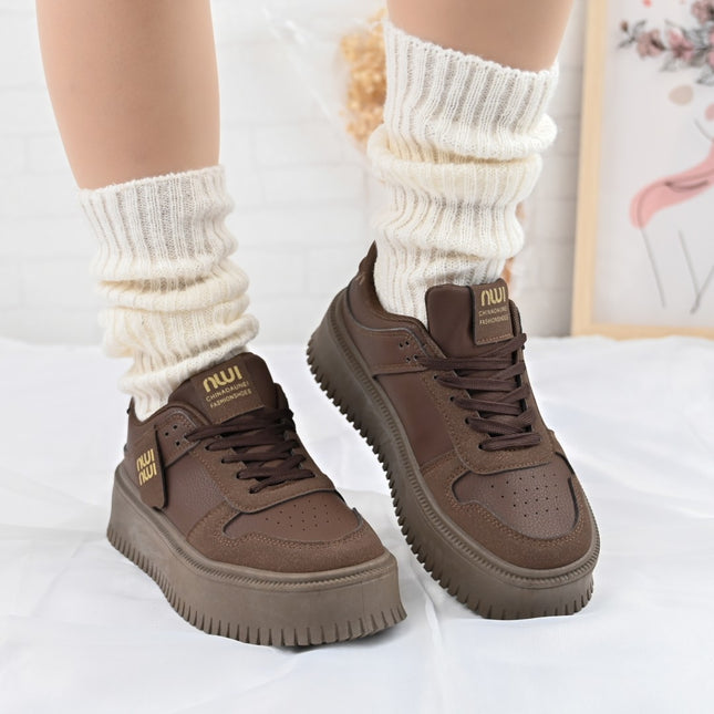 Дамски спортни обувки, изработени от екокожа, D1366, кафяви