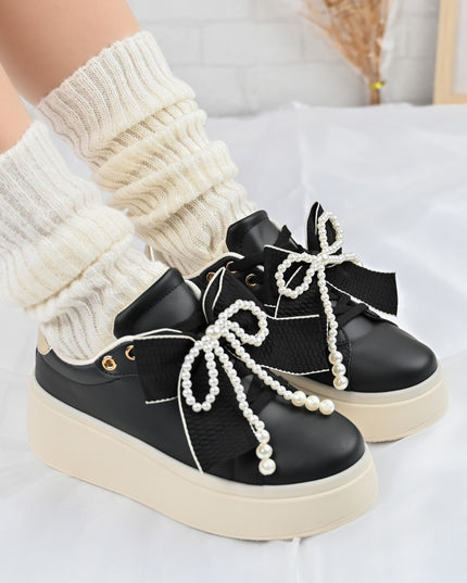 Pantofi Sport De Dama,Din piele Ecologica,Cu Fundita perle,D1367,Negru