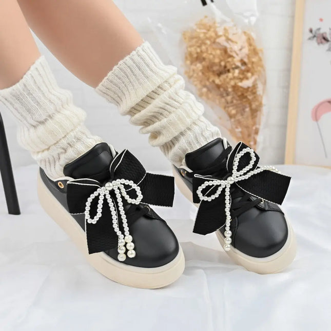 Pantofi Sport De Dama,Din piele Ecologica,Cu Fundita perle,D1367,Negru OEM
