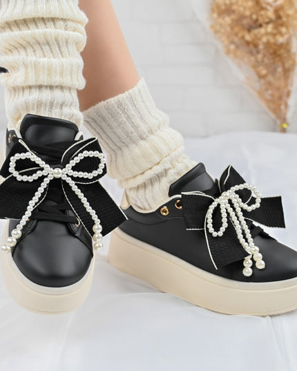 Pantofi Sport De Dama,Din piele Ecologica,Cu Fundita perle,D1367,Negru