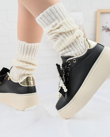 Pantofi Sport De Dama,Din piele Ecologica,Cu Fundita perle,D1367,Negru