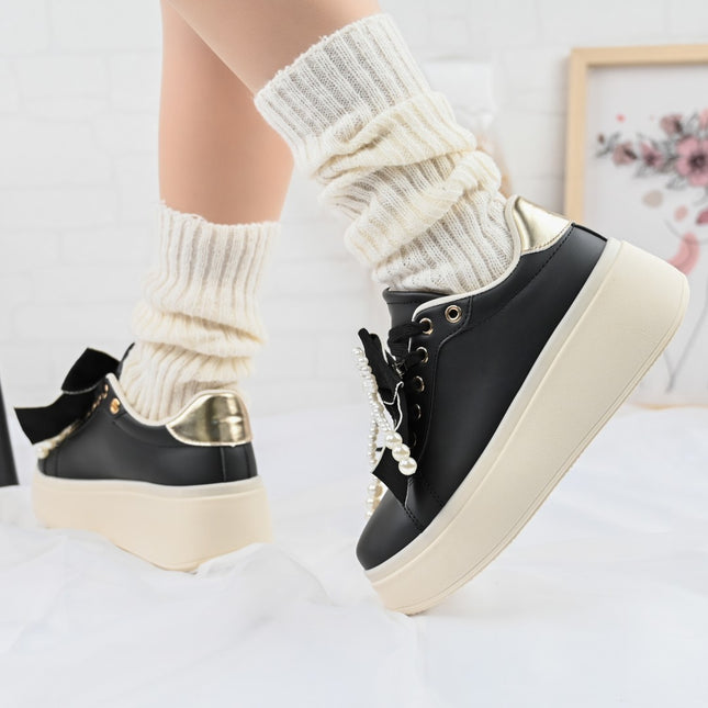 Дамски спортни обувки, изработени от екокожа, с перлена панделка, D1367, черни