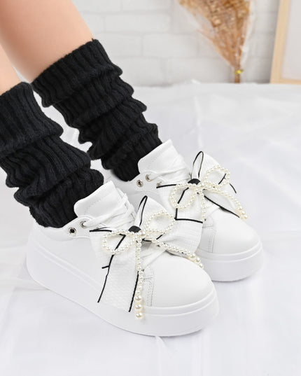 Pantofi Sport De Dama,Din piele Ecologica,Cu Fundita perle,D1367,Alb