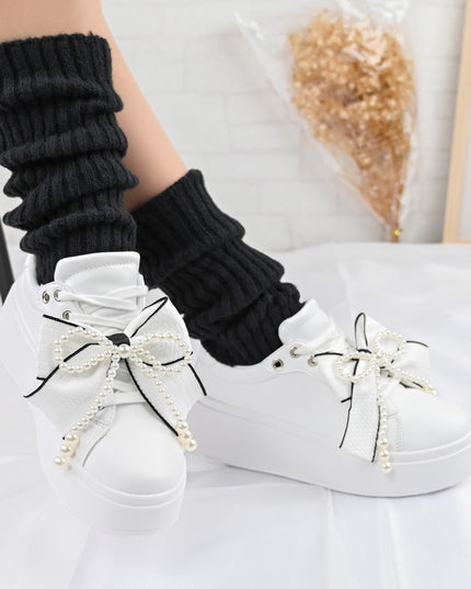 Pantofi Sport De Dama,Din piele Ecologica,Cu Fundita perle,D1367,Alb