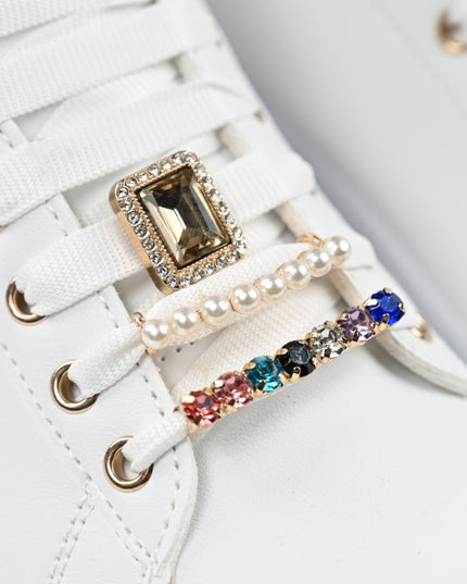 Дамски спортни обувки, Изработени от екокожа, С камъни, D1374, Бели със златни