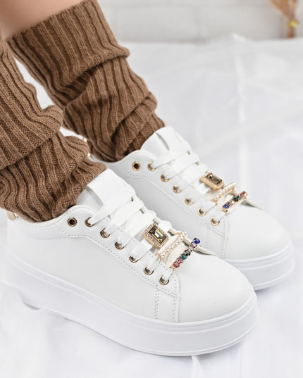 Дамски спортни обувки, Изработени от екокожа, С камъни, D1374, Бели със златни