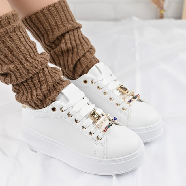 Дамски спортни обувки, Изработени от екокожа, С камъни, D1374, Бели със златни