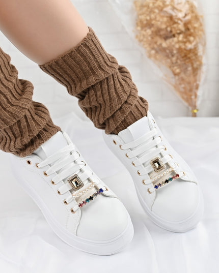 Дамски спортни обувки, Изработени от екокожа, С камъни, D1374, Бели със златни