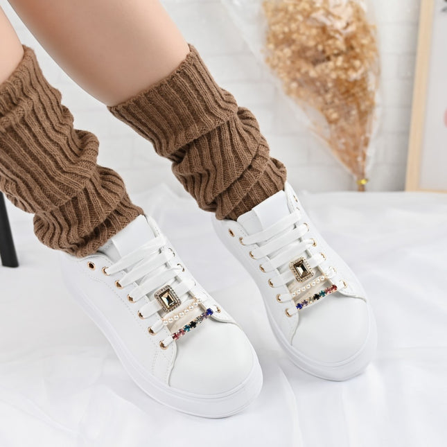 Pantofi sport de dama,Din Piele ecologica,Cu pietre,D1374,Alb cu Auriu