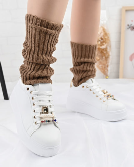 Дамски спортни обувки, Изработени от екокожа, С камъни, D1374, Бели със златни