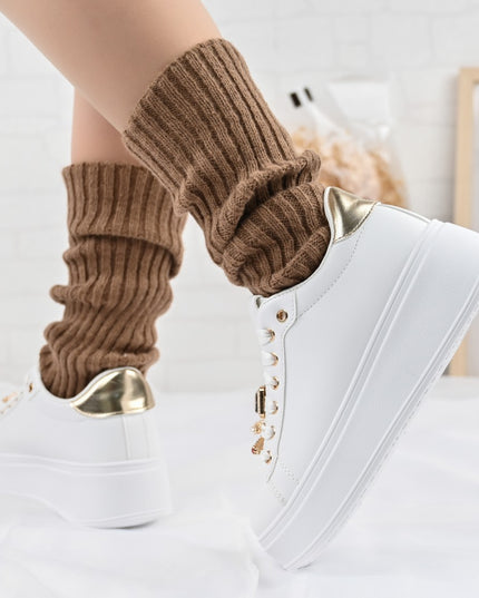 Дамски спортни обувки, Изработени от екокожа, С камъни, D1374, Бели със златни