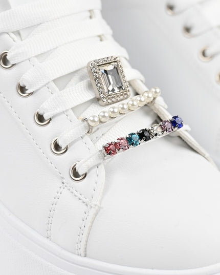 Дамски спортни обувки, Изработени от екокожа, С камъни, D1374, Бели със сребристо