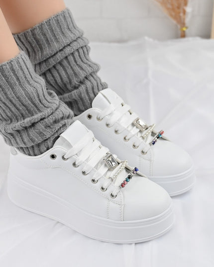 Дамски спортни обувки, Изработени от екокожа, С камъни, D1374, Бели със сребристо