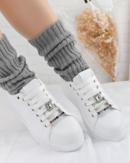 Дамски спортни обувки, Изработени от екокожа, С камъни, D1374, Бели със сребристо