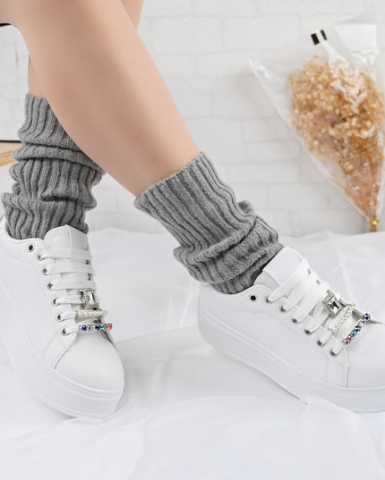 Дамски спортни обувки, Изработени от екокожа, С камъни, D1374, Бели със сребристо