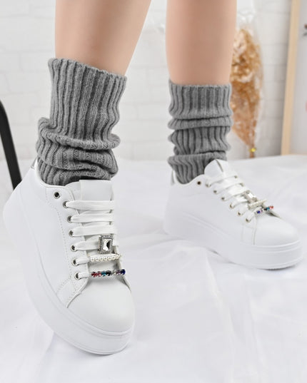 Дамски спортни обувки, Изработени от екокожа, С камъни, D1374, Бели със сребристо