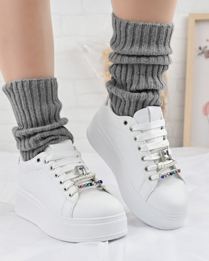 Дамски спортни обувки, Изработени от екокожа, С камъни, D1374, Бели със сребристо