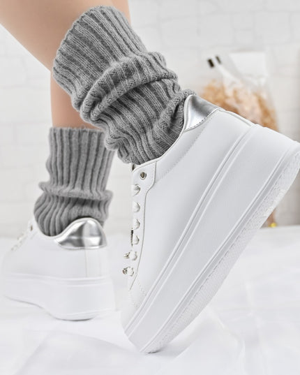 Дамски спортни обувки, Изработени от екокожа, С камъни, D1374, Бели със сребристо