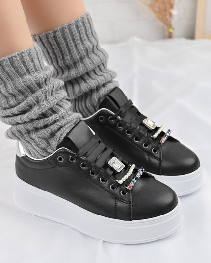 Дамски спортни обувки, Изработени от екокожа, С камъни, D1374, Черни