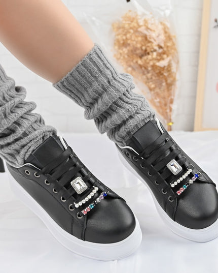 Дамски спортни обувки, Изработени от екокожа, С камъни, D1374, Черни