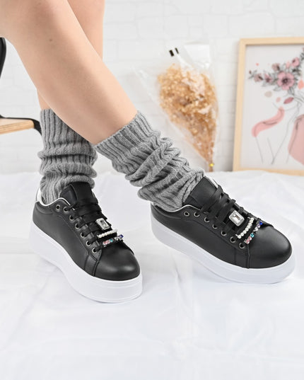 Дамски спортни обувки, Изработени от екокожа, С камъни, D1374, Черни