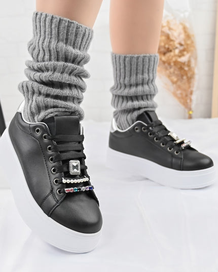 Дамски спортни обувки, Изработени от екокожа, С камъни, D1374, Черни