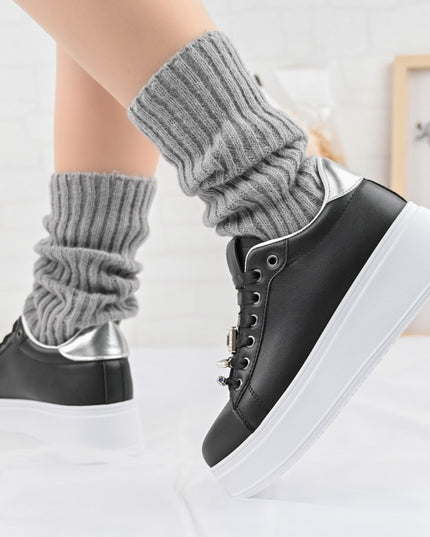 Дамски спортни обувки, Изработени от екокожа, С камъни, D1374, Черни