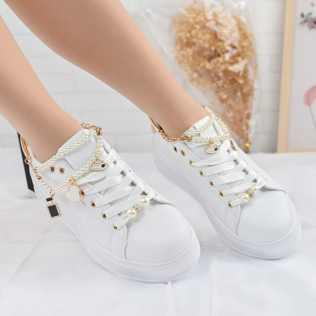 Pantofi Sport De Dama,Din Piele Ecologica,cu Lant decorativ,D1372,Alb