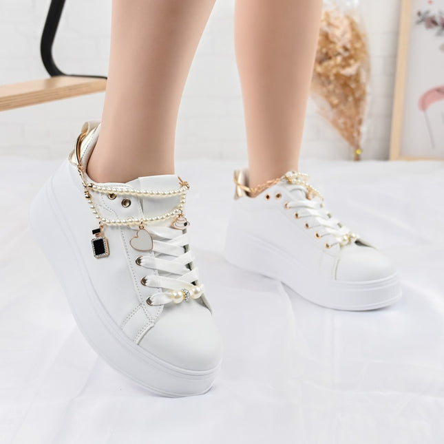 Pantofi Sport De Dama,Din Piele Ecologica,cu Lant decorativ,D1372,Alb