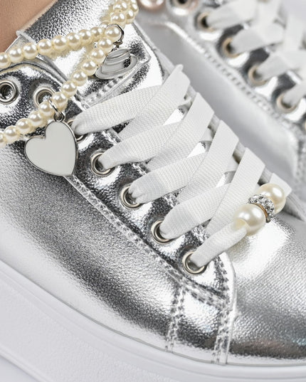 Дамски спортни обувки, изработени от екокожа, с декоративна верижка, D1372, сребрист