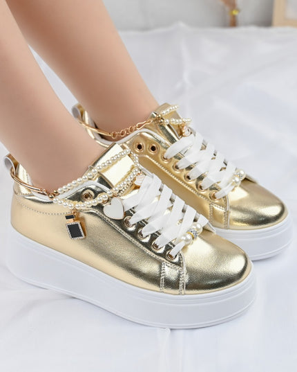 Дамски спортни обувки, изработени от екокожа, с декоративна верижка, D1372, златисти