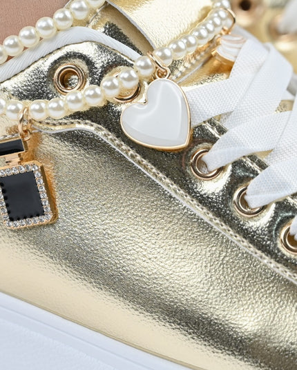 Дамски спортни обувки, изработени от екокожа, с декоративна верижка, D1372, златисти