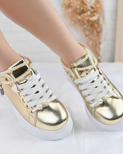 Дамски спортни обувки, изработени от екокожа, с декоративна верижка, D1372, златисти