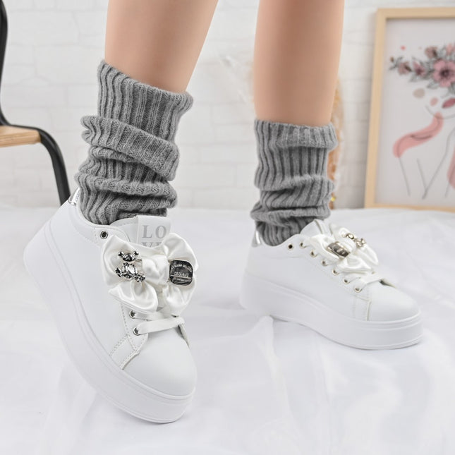 Pantofi Sport De Dama,Din piele Ecologica,Cu Fundita Mantarme,D1356,Alb