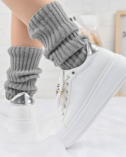 Дамски спортни обувки, изработени от екологична кожа, с панделка, D1356, бели