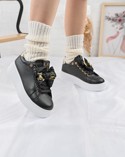 Дамски спортни обувки, изработени от екологична кожа, с панделка Mantarme, D1356, черни