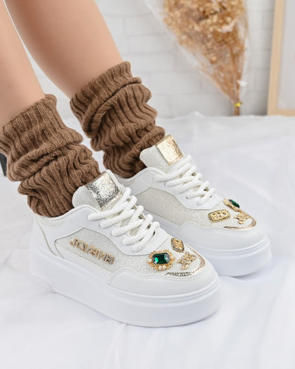 Дамски спортни обувки, с мрежести вложки, с камъни, D1375, Бели