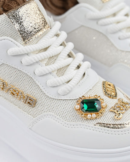 Дамски спортни обувки, с мрежести вложки, с камъни, D1375, Бели