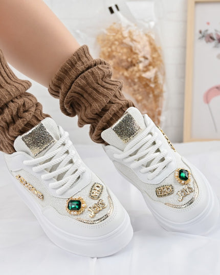 Дамски спортни обувки, с мрежести вложки, с камъни, D1375, Бели