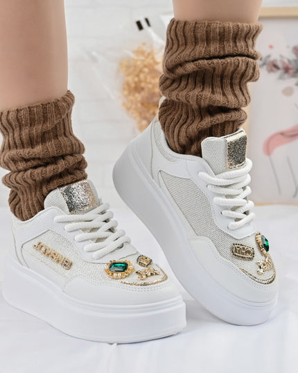 Дамски спортни обувки, с мрежести вложки, с камъни, D1375, Бели