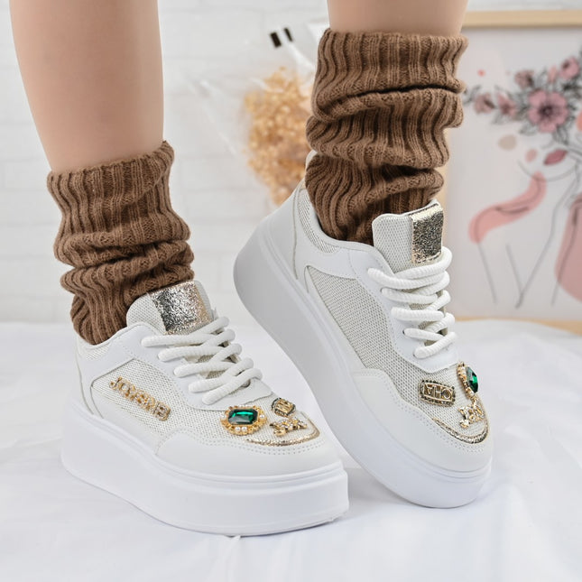 Дамски спортни обувки, с мрежести вложки, с камъни, D1375, Бели