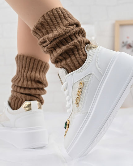 Дамски спортни обувки, с мрежести вложки, с камъни, D1375, Бели