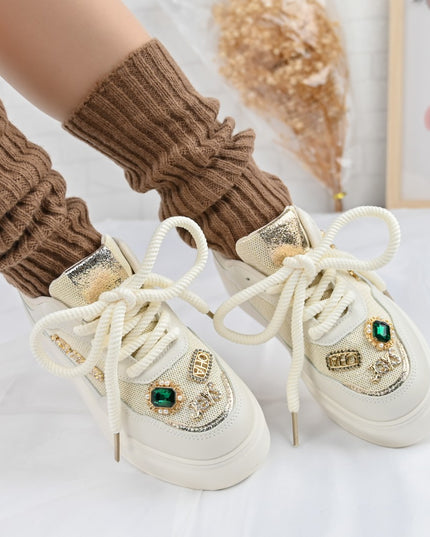 Дамски спортни обувки, с мрежести вложки, с камъни, D1375, Бежов