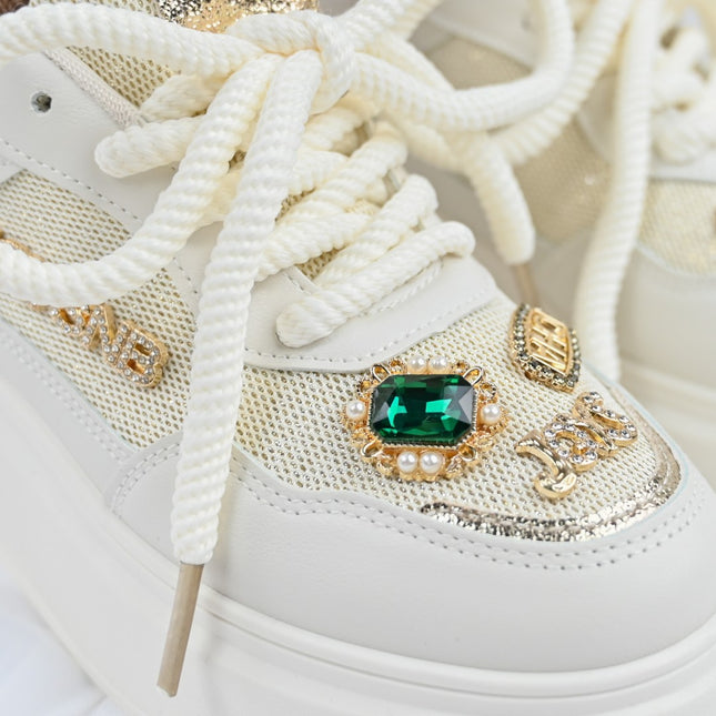 Дамски спортни обувки, с мрежести вложки, с камъни, D1375, Бежов